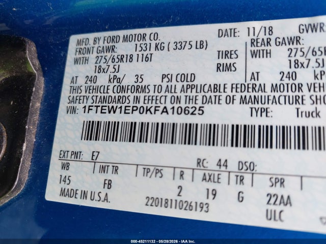 Aukcja sprzedaży 2019 Ford F-150 Xlt, vin: 1FTEW1EP0KFA10625, numer aukcji: 45211132