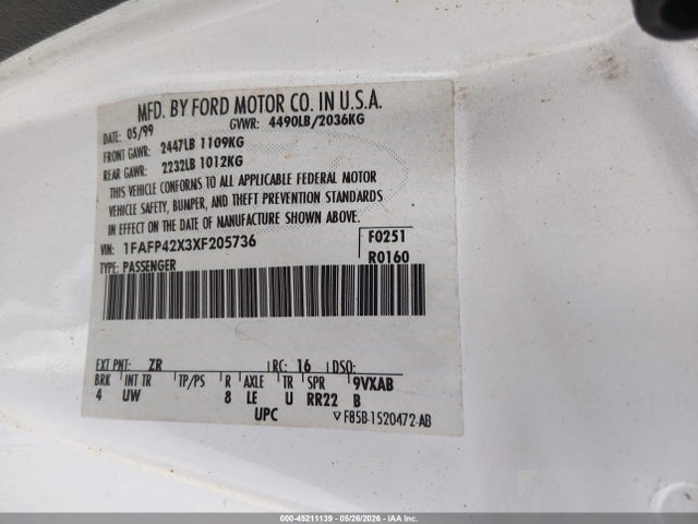 Продаж на аукціоні авто 1999 Ford Mustang Gt, vin: 1FAFP42X3XF205736, номер лоту: 45211139