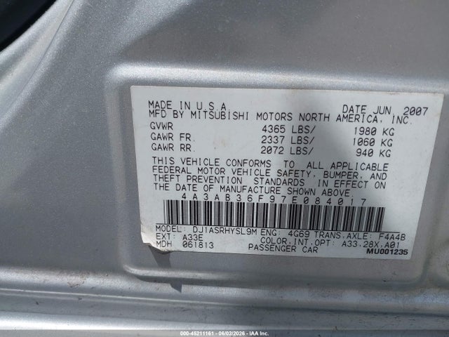 Aukcja sprzedaży 2007 Mitsubishi Galant Es/se, vin: 4A3AB36F97E084017, numer aukcji: 45211161
