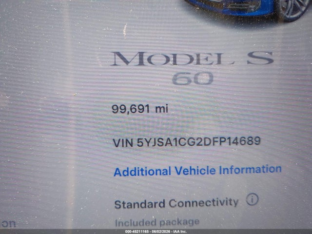 45211165 :رقم المزاد ، 5YJSA1CG2DFP14689 vin ، 2013 Tesla Model S مزاد بيع