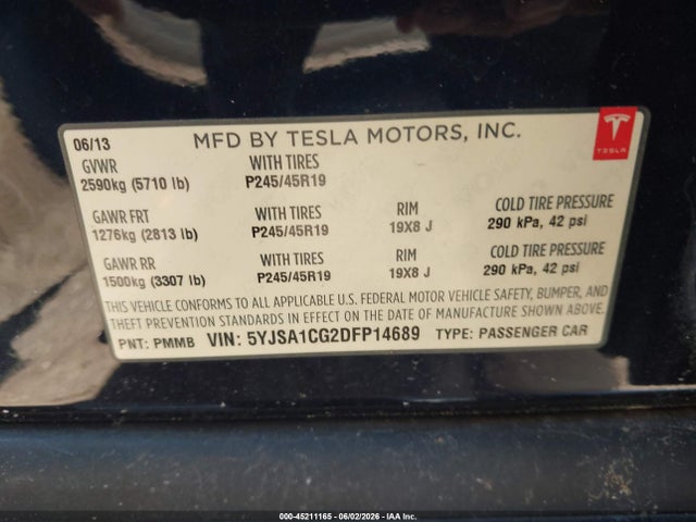 45211165 :رقم المزاد ، 5YJSA1CG2DFP14689 vin ، 2013 Tesla Model S مزاد بيع