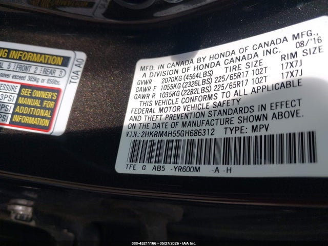 Продаж на аукціоні авто 2016 Honda Cr-v Ex, vin: 2HKRM4H55GH686312, номер лоту: 45211166