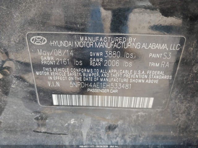 Продаж на аукціоні авто 2014 Hyundai Elantra Se, vin: 5NPDH4AE1EH533481, номер лоту: 45211171