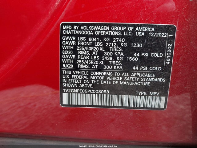 45211191 :رقم المزاد ، 1V2GNPE85PC008058 vin ، 2023 Volkswagen Id.4 Awd Pro S/awd Pro S Plus مزاد بيع
