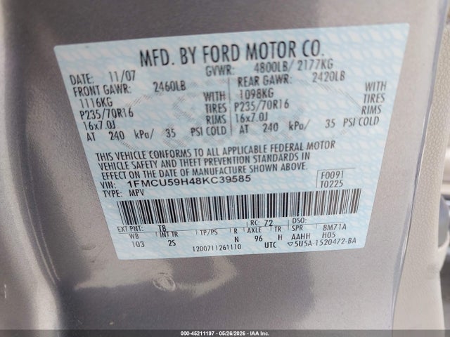 Aukcja sprzedaży 2008 Ford Escape Hybrid, vin: 1FMCU59H48KC39585, numer aukcji: 45211197