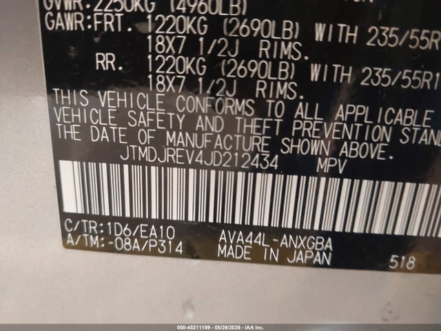 Aukcja sprzedaży 2018 Toyota Rav4 Hybrid Limited, vin: JTMDJREV4JD212434, numer aukcji: 45211199