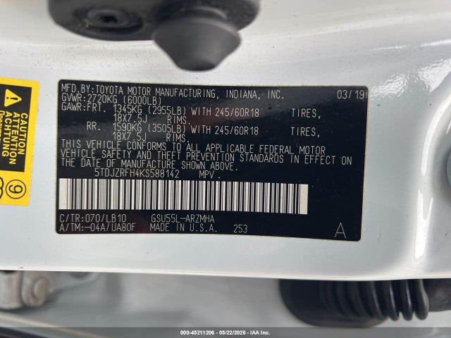 Auction sale of the 2019 Toyota Highlander Xle, vin: 5TDJZRFH4KS588142, lot number: 45211206