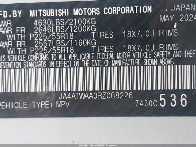 Продажа на аукционе авто 2024 Mitsubishi Eclipse Cross Se S-awc/sel S-awc, vin: JA4ATWAA0RZ068226, номер лота: 45211226