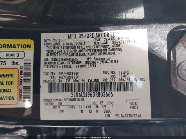 Aukcja sprzedaży 2013 Lincoln Mkz, vin: 3LN6L2J96DR803665, numer aukcji: 45211227
