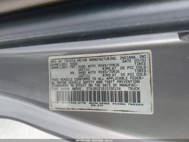 Aukcja sprzedaży 2001 Toyota Tundra, vin: 5TBJN32181S190134, numer aukcji: 45211228