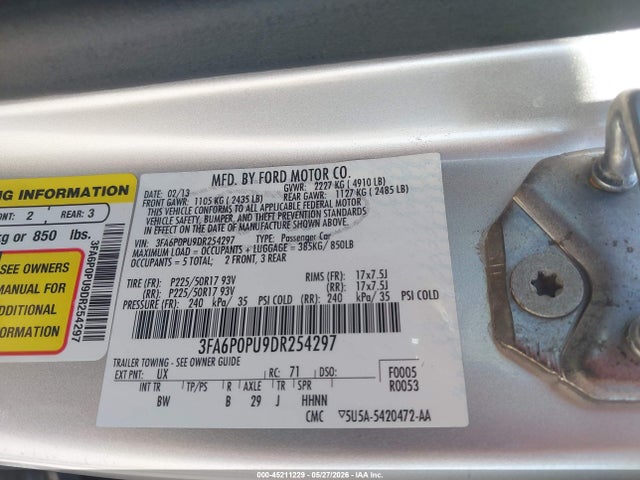 45211229 :رقم المزاد ، 3FA6P0PU9DR254297 vin ، 2013 Ford Fusion Energi Se Luxury مزاد بيع