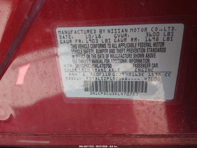 Aukcja sprzedaży 2019 Nissan Kicks Sv, vin: 3N1CP5CU5KL470750, numer aukcji: 45211233