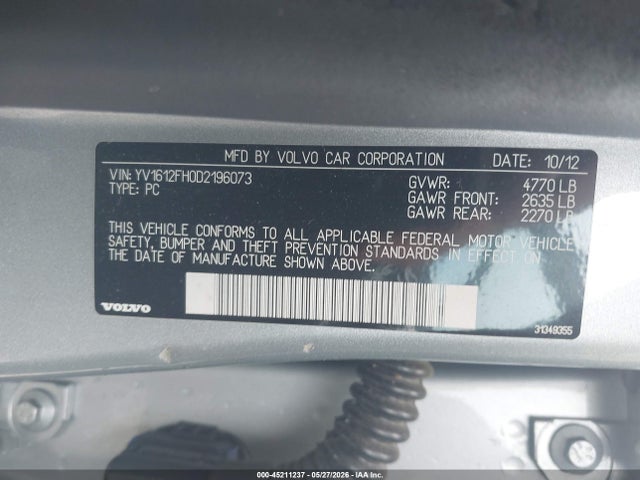 45211237 :رقم المزاد ، YV1612FH0D2196073 vin ، 2013 Volvo S60 T5 مزاد بيع