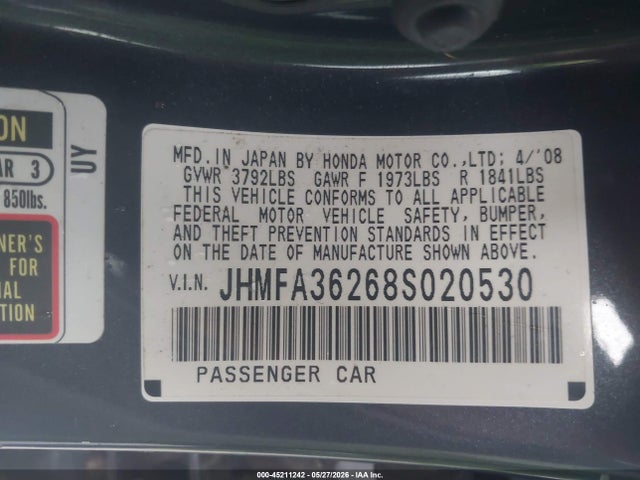 45211242 :رقم المزاد ، JHMFA36268S020530 vin ، 2008 Honda Civic Hybrid مزاد بيع