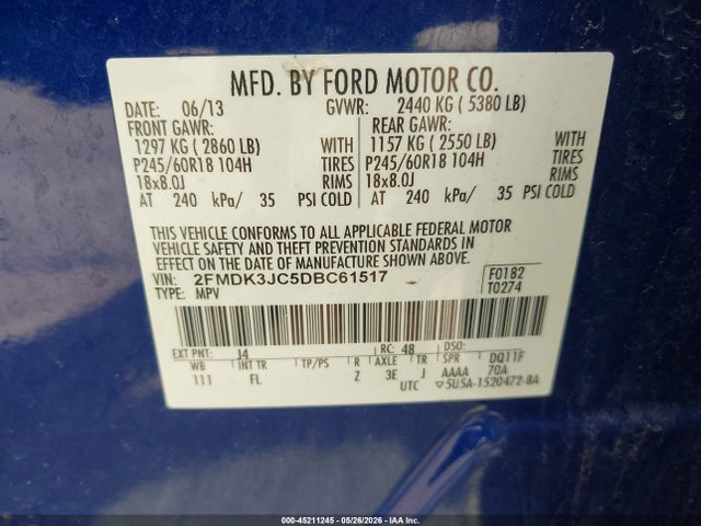45211245 :رقم المزاد ، 2FMDK3JC5DBC61517 vin ، 2013 Ford Edge Sel مزاد بيع