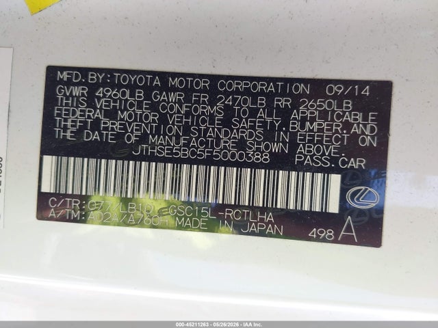 45211263 :رقم المزاد ، JTHSE5BC5F5000388 vin ، 2015 Lexus Rc 350 مزاد بيع