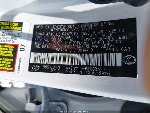 45211268 :رقم المزاد ، 58ACA1C15NU014419 vin ، 2022 Lexus Es 300h مزاد بيع
