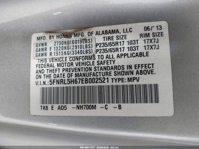 Aukcja sprzedaży 2014 Honda Odyssey Ex-l, vin: 5FNRL5H67EB002521, numer aukcji: 45211277