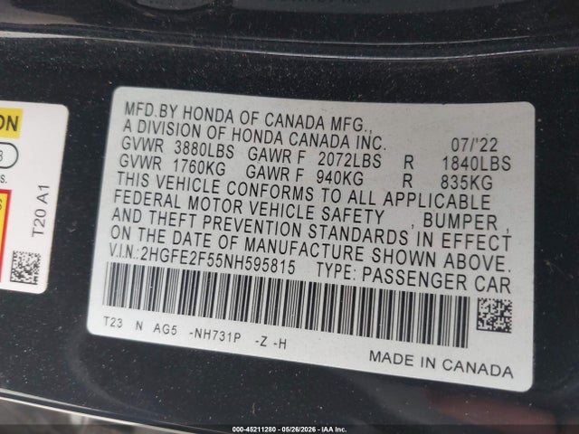 Honda Civic Sport 2022 2HGFE2F55NH595815 Image 9