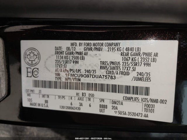 45211281 :رقم المزاد ، 1FMCU9G97DUA75783 vin ، 2013 Ford Escape Se مزاد بيع