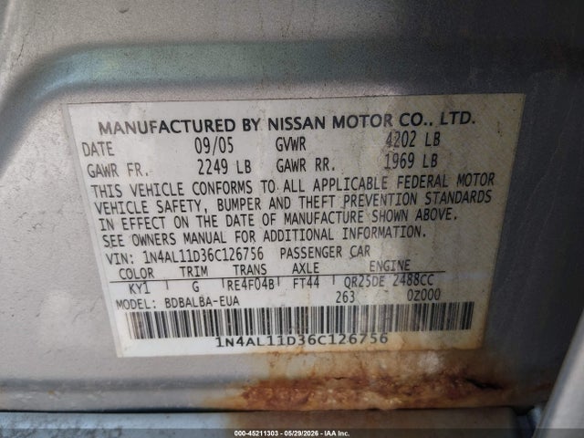 2006 Nissan Altima 2.5 S მანქანა იყიდება აუქციონზე, vin: 1N4AL11D36C126756, აუქციონის ნომერი: 45211303