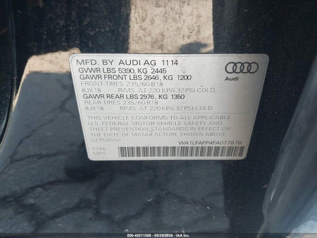 2015 Audi Q5 2.0t Premium მანქანა იყიდება აუქციონზე, vin: WA1LFAFP4FA077876, აუქციონის ნომერი: 45211308
