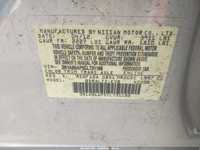 45211309 :رقم المزاد ، 3N1AB6AP5CL731188 vin ، 2012 Nissan Sentra 2.0 S مزاد بيع