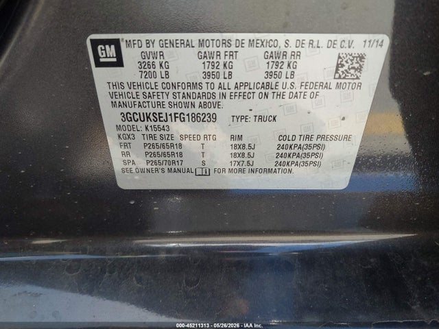 Aukcja sprzedaży 2015 Chevrolet Silverado 1500 1lz, vin: 3GCUKSEJ1FG186239, numer aukcji: 45211313