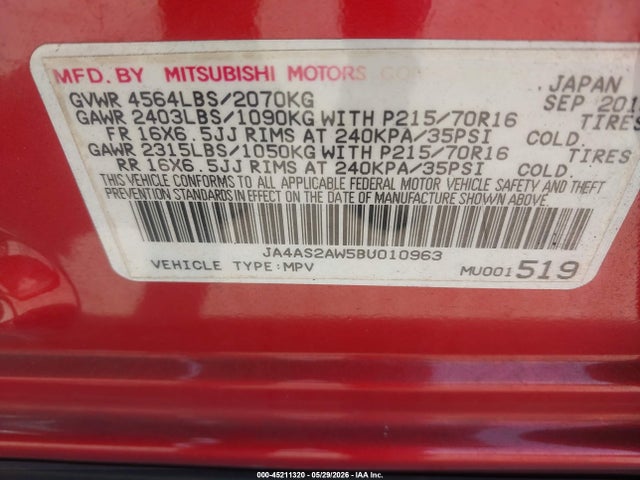 Aukcja sprzedaży 2011 Mitsubishi Outlander Es, vin: JA4AS2AW5BU010963, numer aukcji: 45211320