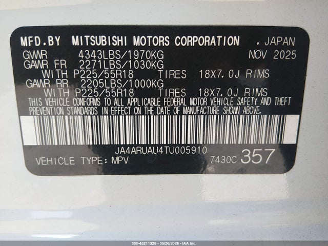 2026 Mitsubishi Outlander Sport 2.0 Es/2.0 Le/2.0 Ralliart/2.0 S/2.0 Se/2.0 Trail Edition მანქანა იყიდება აუქციონზე, vin: JA4ARUAU4TU005910, აუქციონის ნომერი: 45211325