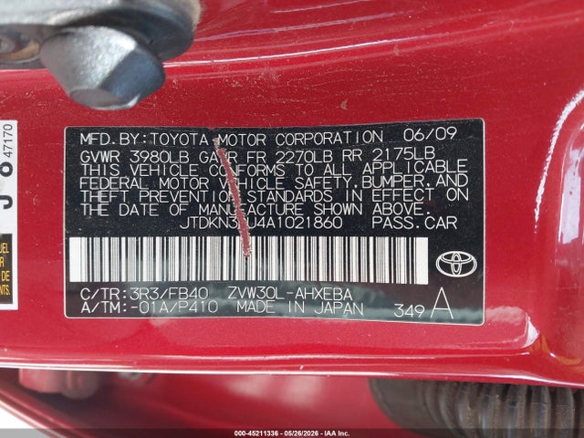 Aukcja sprzedaży 2010 Toyota Prius Ii, vin: JTDKN3DU4A1021860, numer aukcji: 45211336