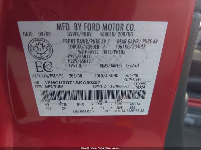 Aukcja sprzedaży 2010 Ford Escape Xlt, vin: 1FMCU9D71AKA50257, numer aukcji: 45211346