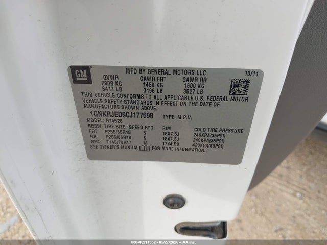 Aukcja sprzedaży 2012 Chevrolet Traverse 2lt, vin: 1GNKRJED9CJ177698, numer aukcji: 45211352