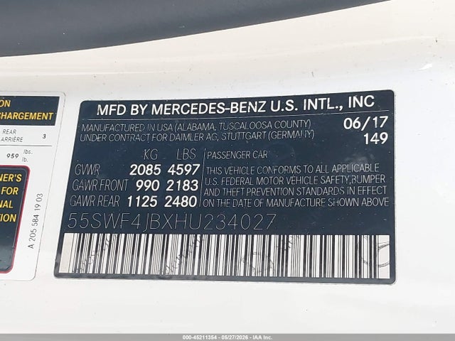Aukcja sprzedaży 2017 Mercedes-benz C 300 Sport, vin: 55SWF4JBXHU234027, numer aukcji: 45211354