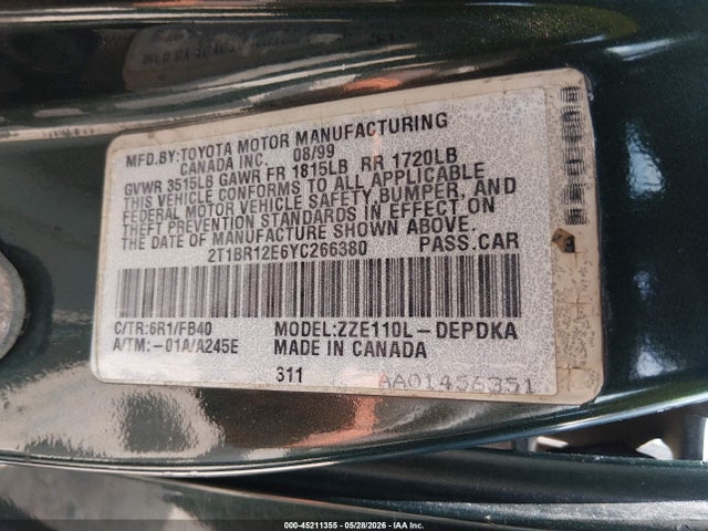 Продажа на аукционе авто 2000 Toyota Corolla Ce, vin: 2T1BR12E6YC266380, номер лота: 45211355