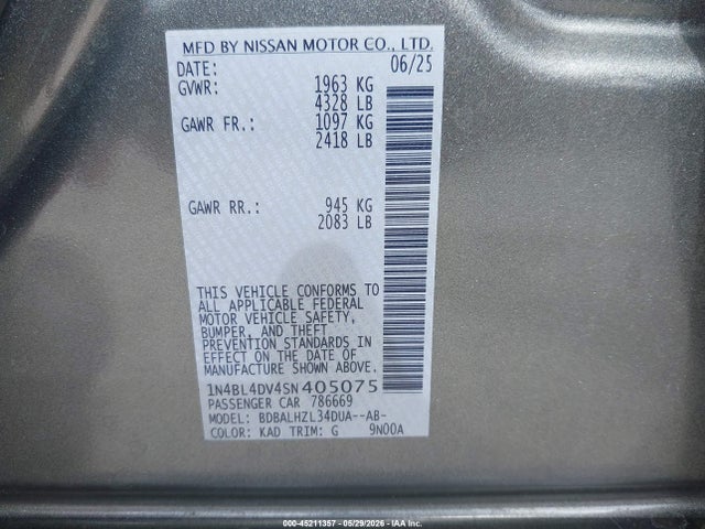 45211357 :رقم المزاد ، 1N4BL4DV4SN405075 vin ، 2025 Nissan Altima Sv Fwd مزاد بيع