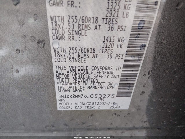 5N1DR2MM7KC653275 Nissan Pathfinder Sl