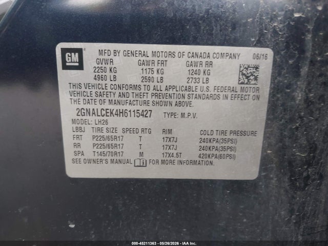 Aukcja sprzedaży 2017 Chevrolet Equinox Lt, vin: 2GNALCEK4H6115427, numer aukcji: 45211363