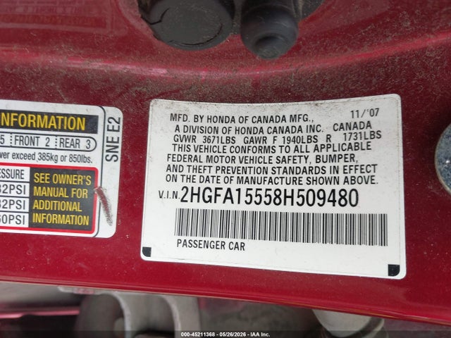 2008 Honda Civic Lx მანქანა იყიდება აუქციონზე, vin: 2HGFA15558H509480, აუქციონის ნომერი: 45211368