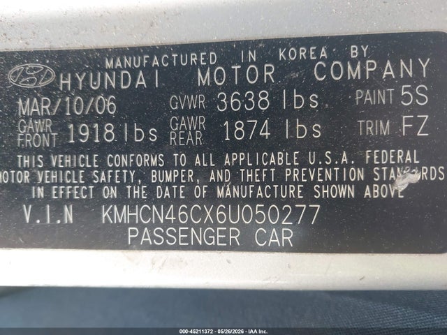 2006 Hyundai Accent Gls მანქანა იყიდება აუქციონზე, vin: KMHCN46CX6U050277, აუქციონის ნომერი: 45211372