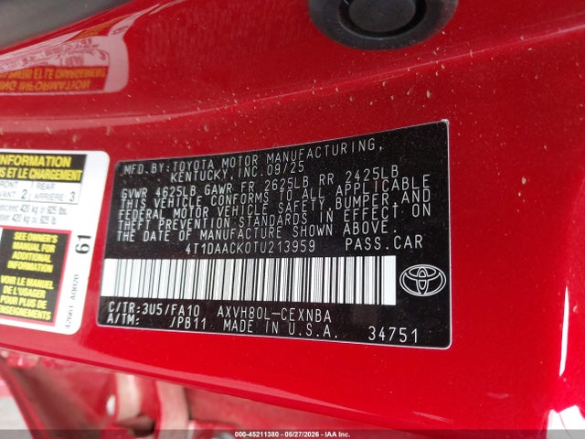 4T1DAACK0TU213959 Toyota CAMRY LE