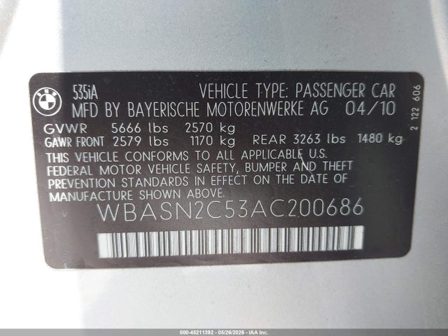 Aukcja sprzedaży 2010 Bmw 535i Gran Turismo, vin: WBASN2C53AC200686, numer aukcji: 45211392