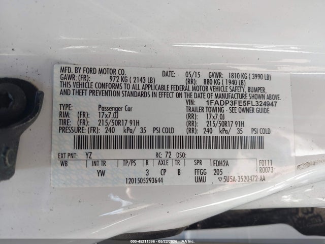 45211396 :رقم المزاد ، 1FADP3FE5FL324947 vin ، 2015 Ford Focus Se مزاد بيع