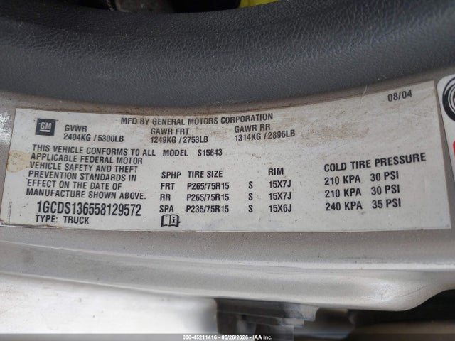 2005 Chevrolet Colorado Ls მანქანა იყიდება აუქციონზე, vin: 1GCDS136558129572, აუქციონის ნომერი: 45211416