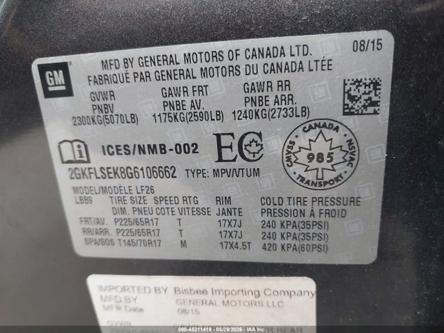 45211419 :رقم المزاد ، 2GKFLSEK8G6106662 vin ، 2016 Gmc Terrain Sle-1 مزاد بيع
