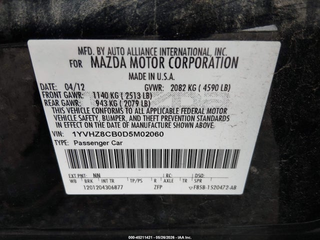Aukcja sprzedaży 2013 Mazda Mazda6 S Grand Touring, vin: 1YVHZ8CB0D5M02060, numer aukcji: 45211421
