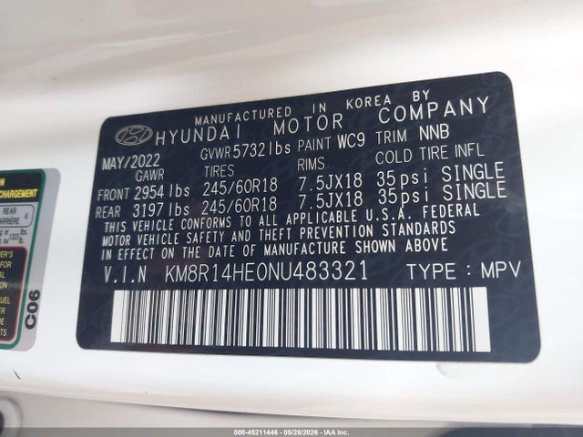 45211446 :رقم المزاد ، KM8R14HE0NU483321 vin ، 2022 Hyundai Palisade Se مزاد بيع