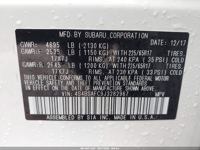 Продаж на аукціоні авто 2018 Subaru Outback 2.5i Premium, vin: 4S4BSAFC9J3282967, номер лоту: 45211452