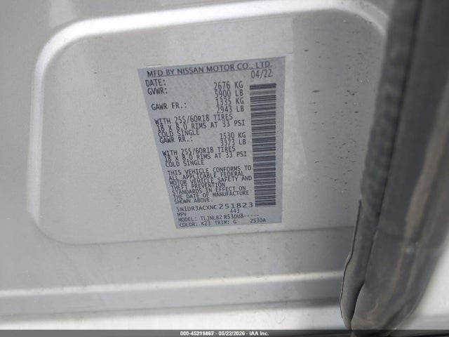 2022 Nissan Pathfinder S 4wd მანქანა იყიდება აუქციონზე, vin: 5N1DR3ACXNC251823, აუქციონის ნომერი: 45211467