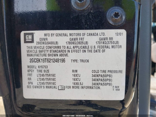 2002 Chevrolet Silverado 1500 Ls მანქანა იყიდება აუქციონზე, vin: 2GCEK19T621248196, აუქციონის ნომერი: 45211468